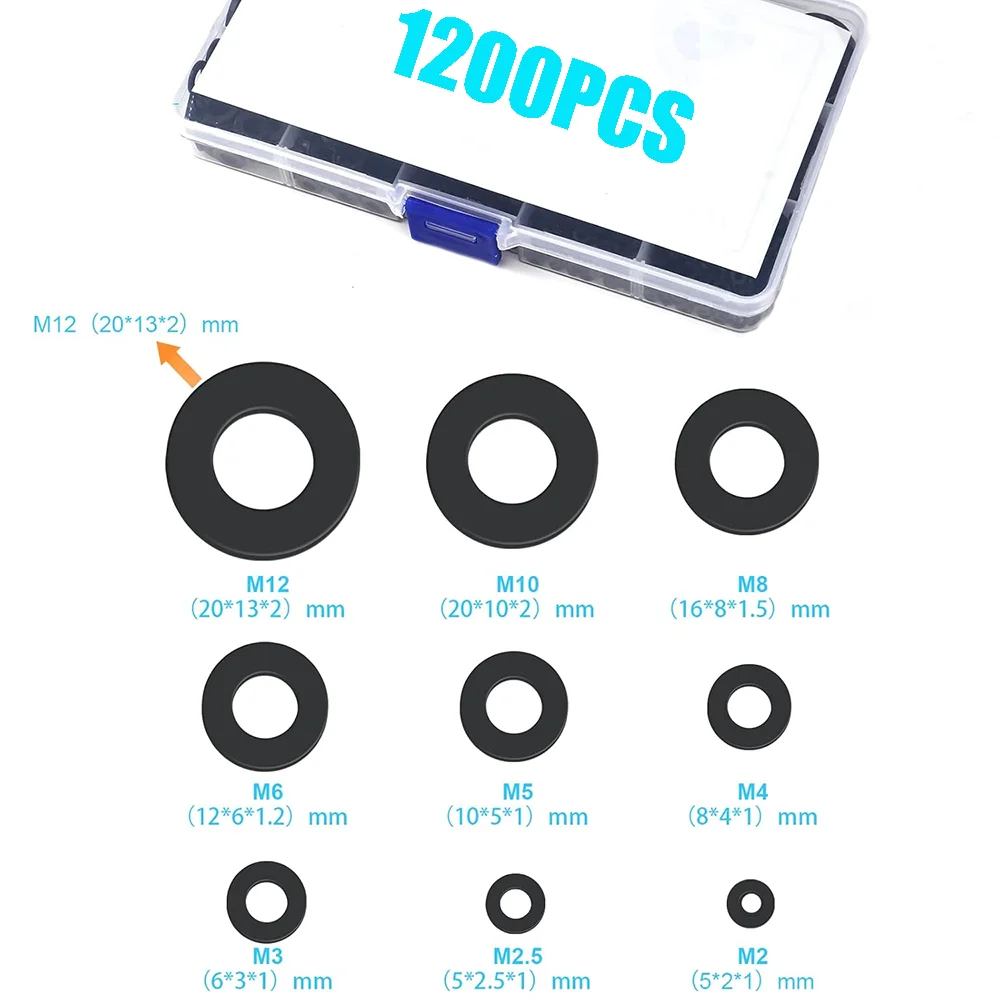 1200Pcs Nylon Flat Washers Black Plastic Washers Premium Fender Washers Assortment Set M2 M2.5 M3 M4 M5 M6 M8 M10 M12 Gasket Kit