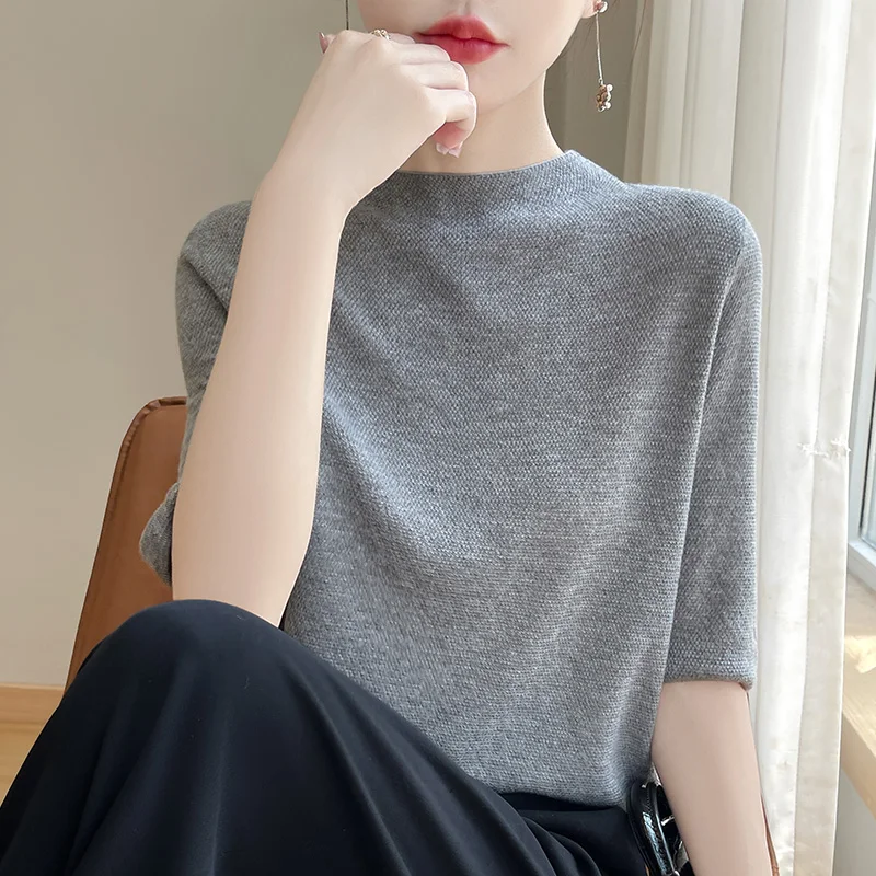 

2025 Spring New Women's Wool Half High Collar pullover Mid Sleeve Casual High Quality Top Soft Knitted Thin Sweater