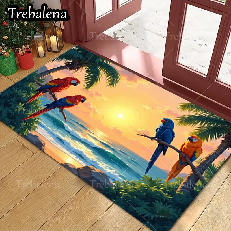 

1pc Welcome Door Mat Tropical Sunset Parrot Beach Scene Doormat For Home Decor