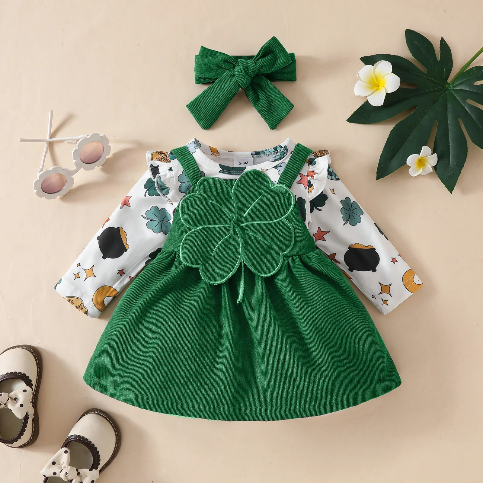 

2025 Baby St. Patrick's Day Clothes Set 0-18M Newborn Print Bodysuit+Dress+Headband 3Pcs Girls Green Clover Shoulder Strap Dress