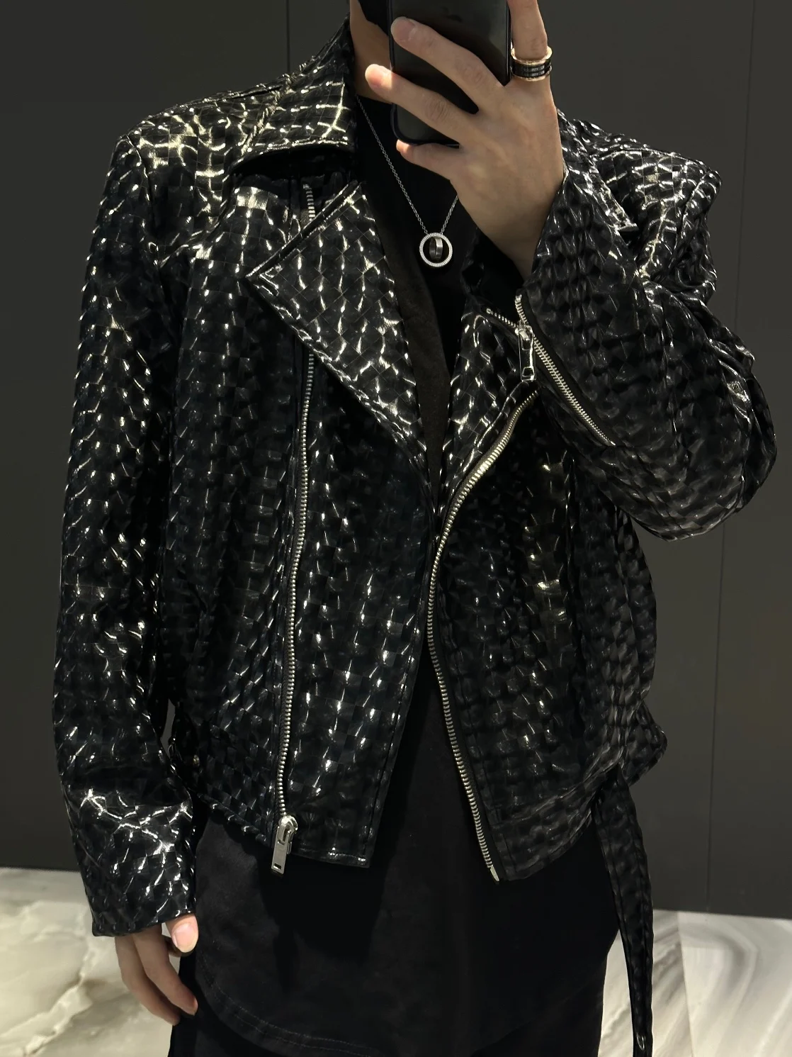 Fashion Spring Autumn Men\'s Glossy Handsome Motorcycle Jacket Big Lapel Personality Trendy Easy Matching Long Sleeve Coats