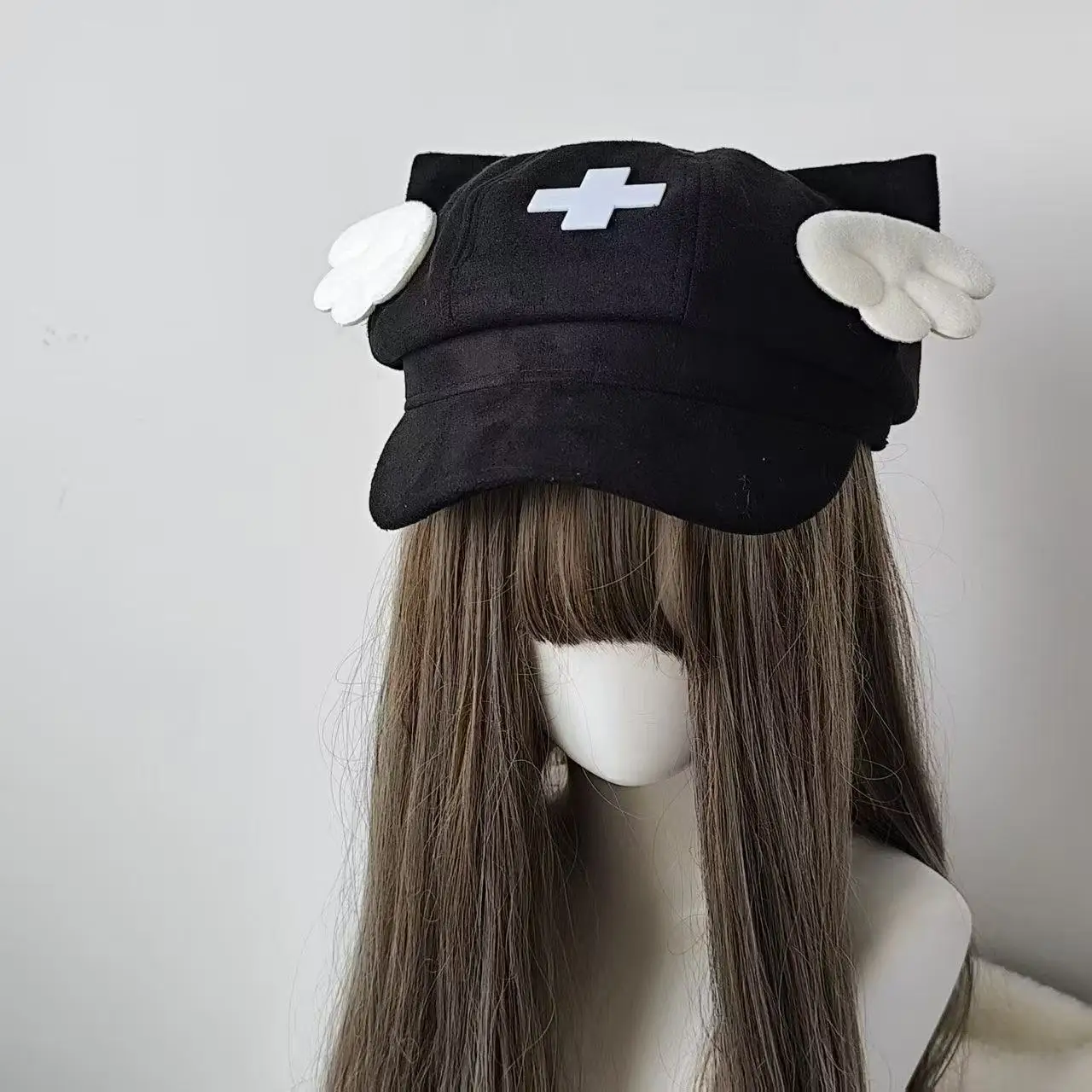 Subculture Y2K Girls Japanese Cute Ladies Octagonal Hat  Cross Angel Wing Black/Blue Painter Beret Hat