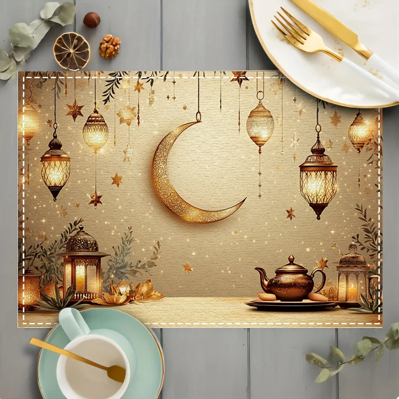 4PC Ramadan Lantern Moon Stars Placemats Rectangular Polyester Table Mats Dining Table Protectors Restaurant Decor Multiple Use