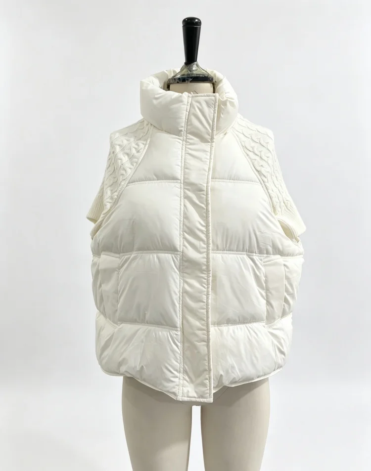 Damen Gestrickte Patchwork-Weste mit Stehkragen, Ärmellos, Reißverschluss, Kurz Geschnitten, Locker Sitzend, für Layering, Oberbekleidung 2026, Warme Winterjacke für Damen – Detail 2