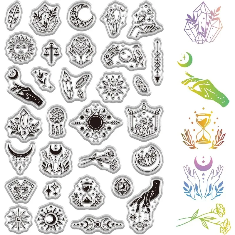 1Sheet Clear Magic Stamps Sun Moon Rubber Stamp Magic Witch Hand Tarot Crads PVC Reusable Vintage Background Postmark