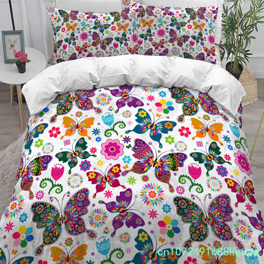 Colorful Butterfly And Floral Duvet Cover Set King Size Butterflies Theme Bedding Set For Kids Girls Comforter Cover Pillowcases