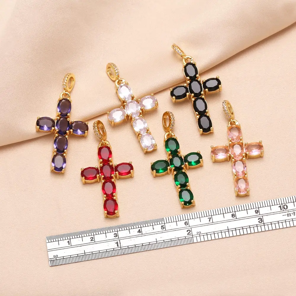 OCESRIO Colorful Oval Crystal Big Cross Pendant for Necklaces Copper Gold Plated Crucifix Jewelry Making Supplies pdtb733