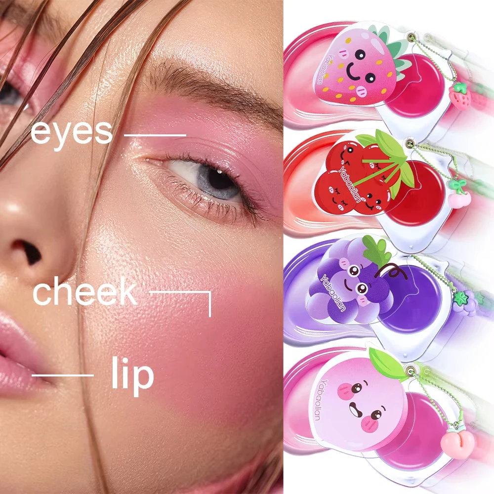 3-in-1 Lip Cheek Eye Tint Fruit Pendant Keychain Glossy Hydrating Liquid Blush Portable Mini Cosmetic Gift, Randomly Send One Ou