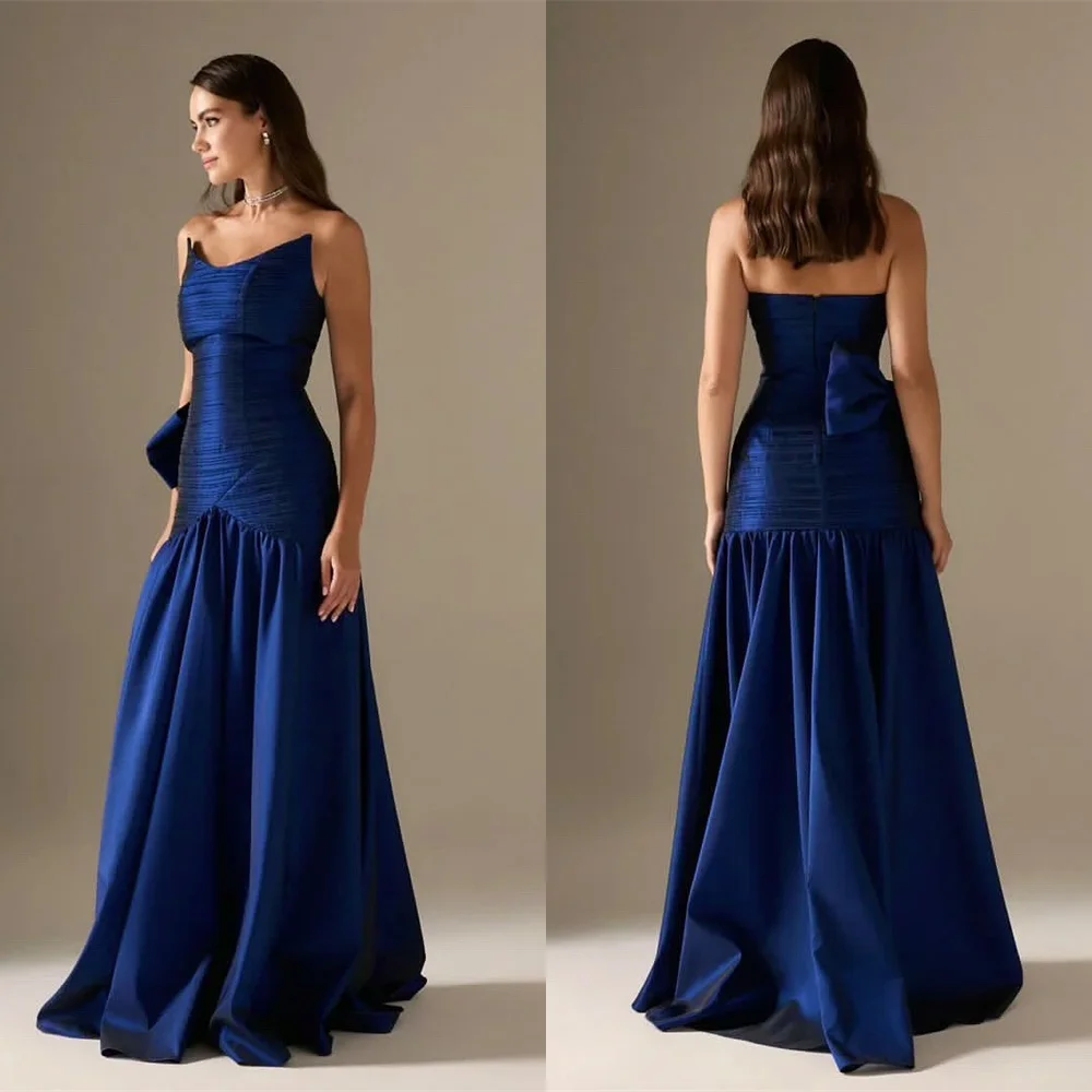 

Customized Classic Blue Satin Evening Dress Formal Strapless Sleeveless Homecoming Dresses Luxury Special Occasion Gowns