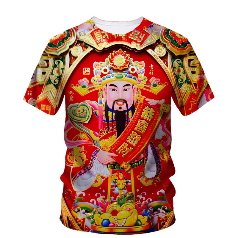 New 3D God Of Wealth Printing T Shirt Chinese New Year Graphic T-shirts For Men Kid Fashion Cool Streetwear Short Sleeve Clothes