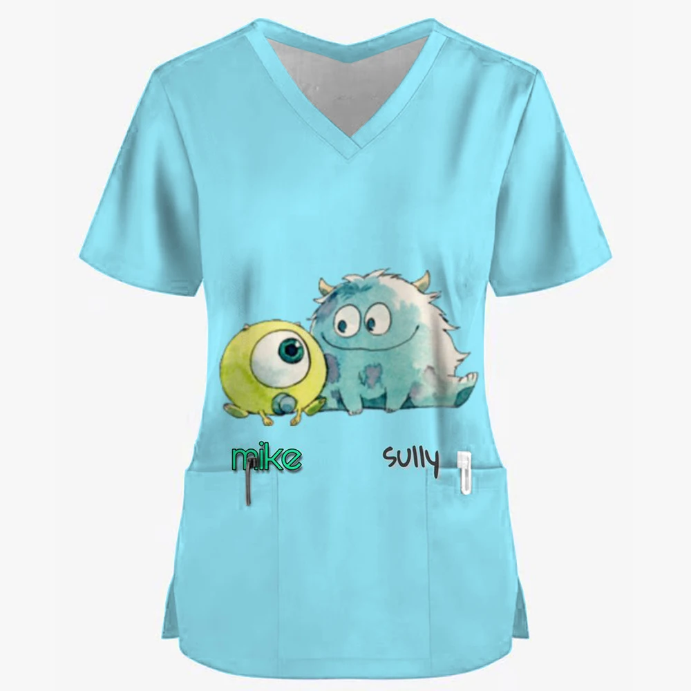 Disney Toy Story print Plus Size V-Neck Tops Pockets Women Working Uniform Nurse Femme Blouse Medical Uniforms Shirts