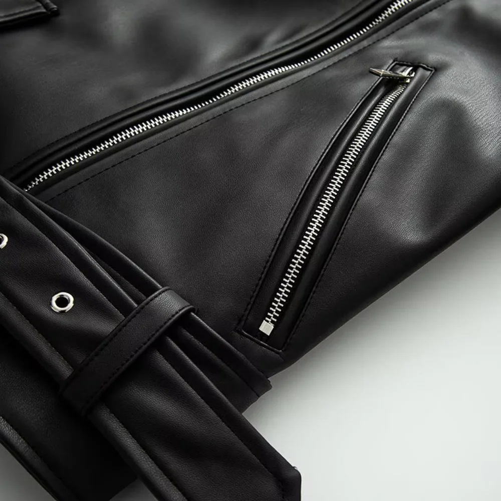 top ampio da donna in ecopelle con risvolto a maniche lunghe con cerniera tasca in vita bottone cintura autunno e inverno nuovo stile coo