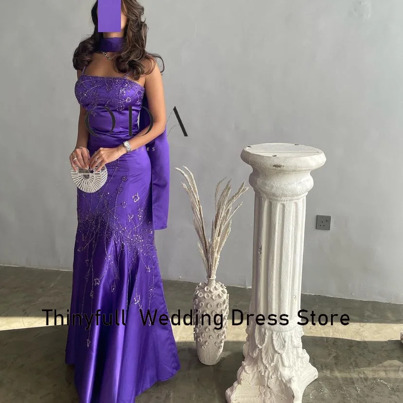 Thinyfull Mermaid Saudi Arabia Purple Prom Dress Strapless Sleeveless Evening Party Dress Satin Formal Occasion Gown Customized