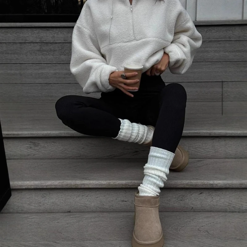 2025 Autumn and Winter Pullover Sweater Warm Solid Color Zipper Street Wind Women's Coat