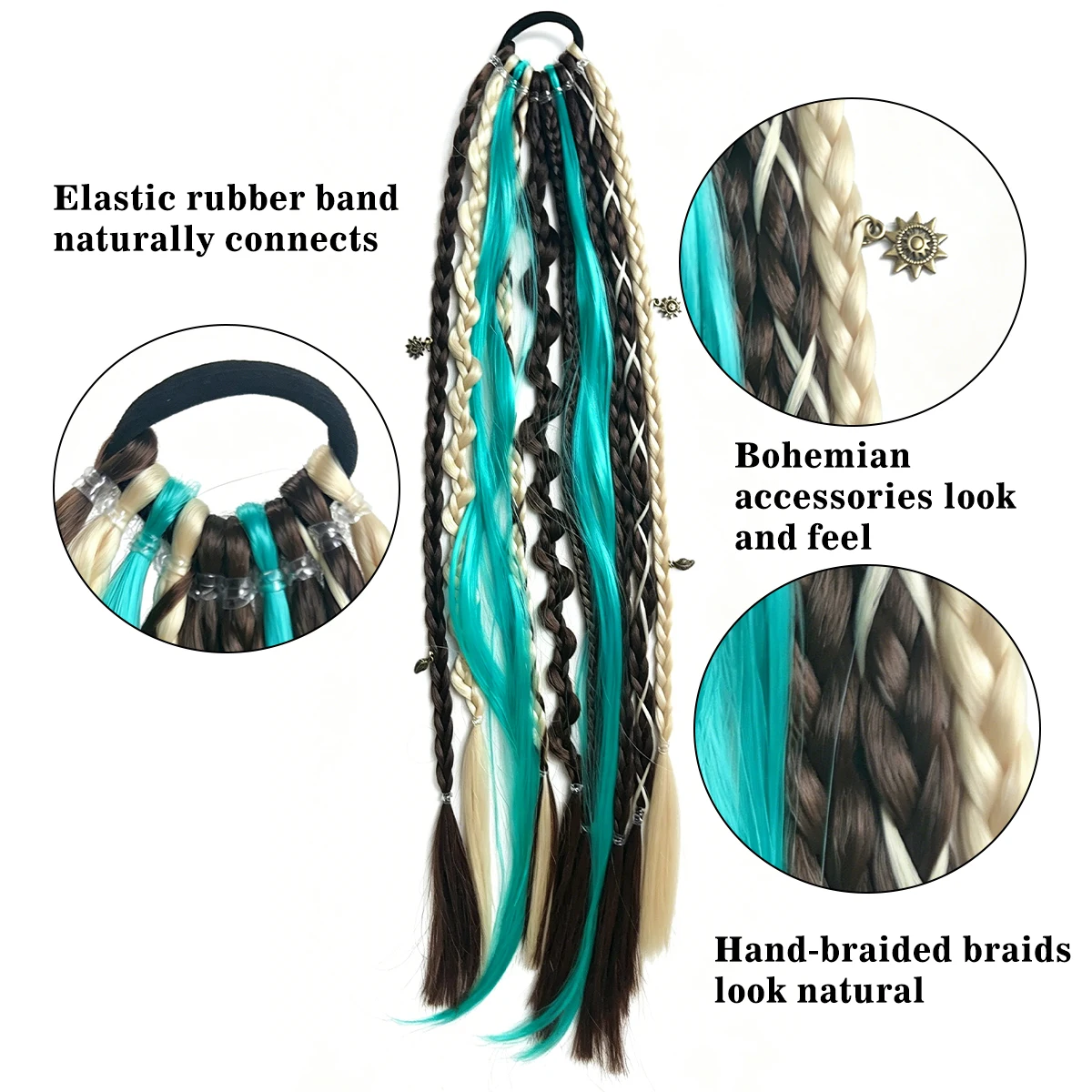 Synthetic Boho Mixed Color Braided Ponytail Hair Extension With Elastic Hair Dreadlock Box Braids With  For Women Party Wig