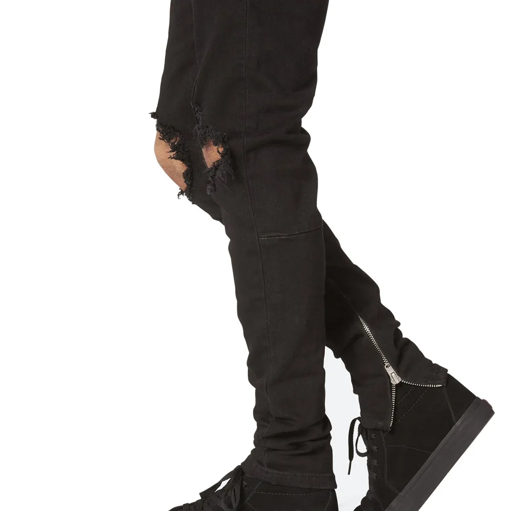 2022 Mens Jeans Holes Black Stretch Slim Button Placket Denim Pants Streetwear Men Full Length Trousers