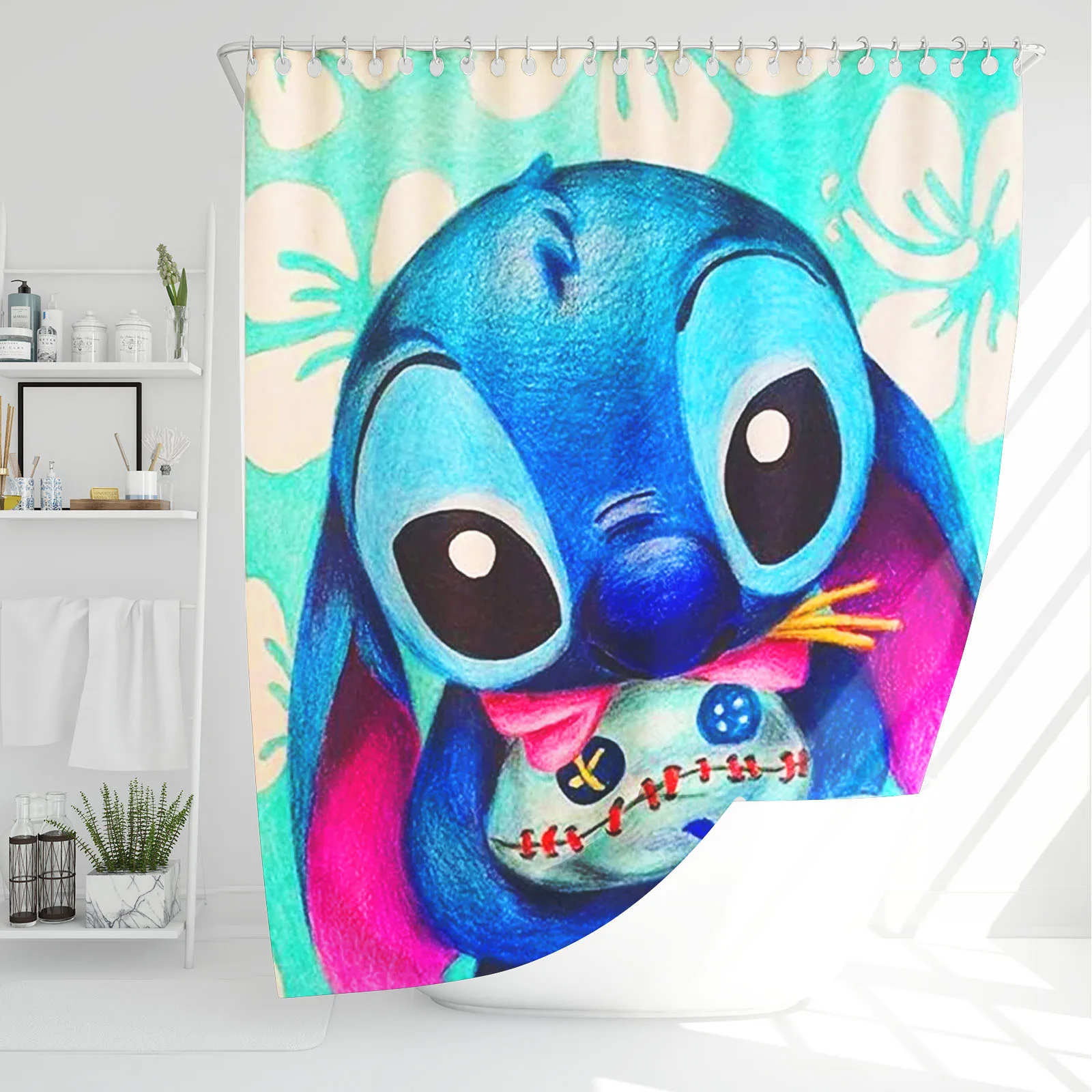 Stitch Shower Curtain Cartoon Disney Polyester Cute Bath Set Screen Sets Setluxury Funny Hook Up Bathroom Accessories