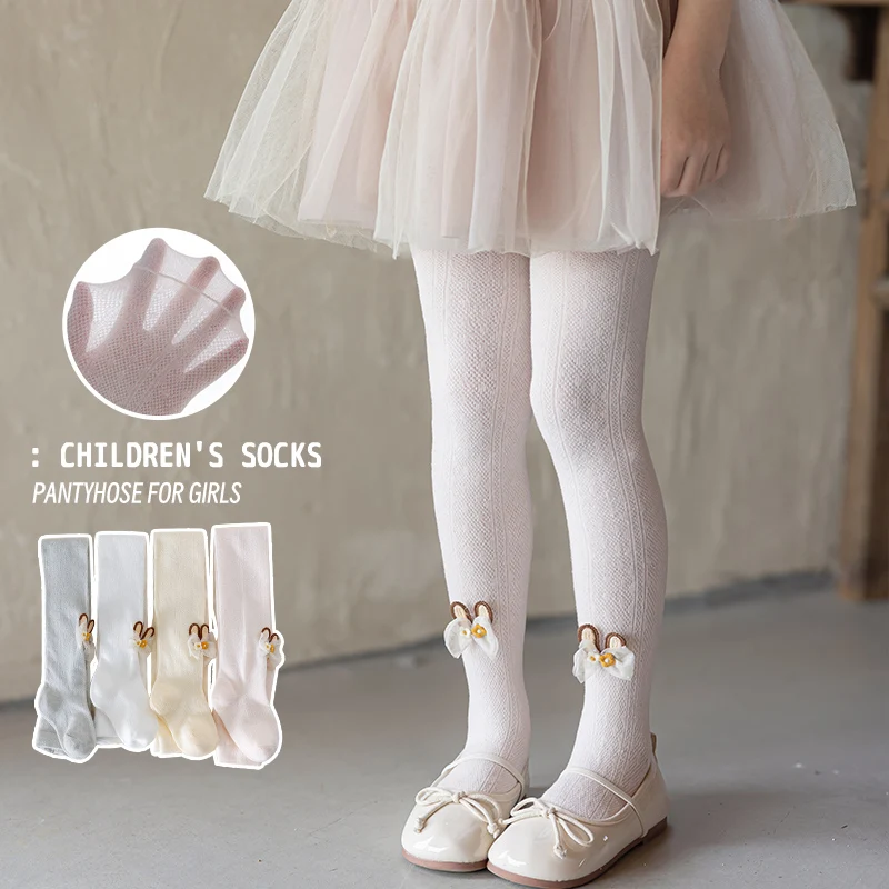 Hollow Net Sheer Stockings Bunny Ear Small Flower Bow Trim High Elastic Ventilated Comfortable Cute Light Tights For Girls Daily