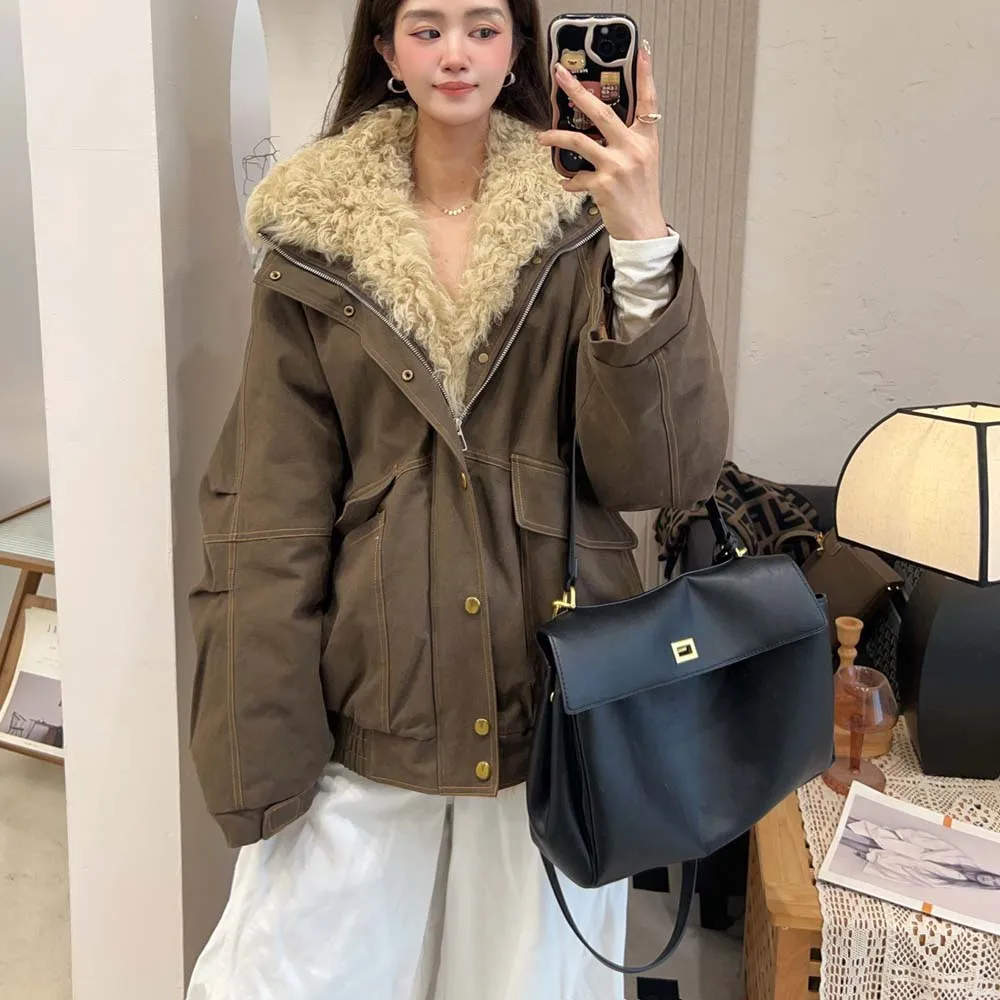 2025 Herfst Winter Mode Vrouwen Jassen Losse Casual Lamswollen Jas Dikke Warme Vrouwelijke Overjas Ganzendonsjack