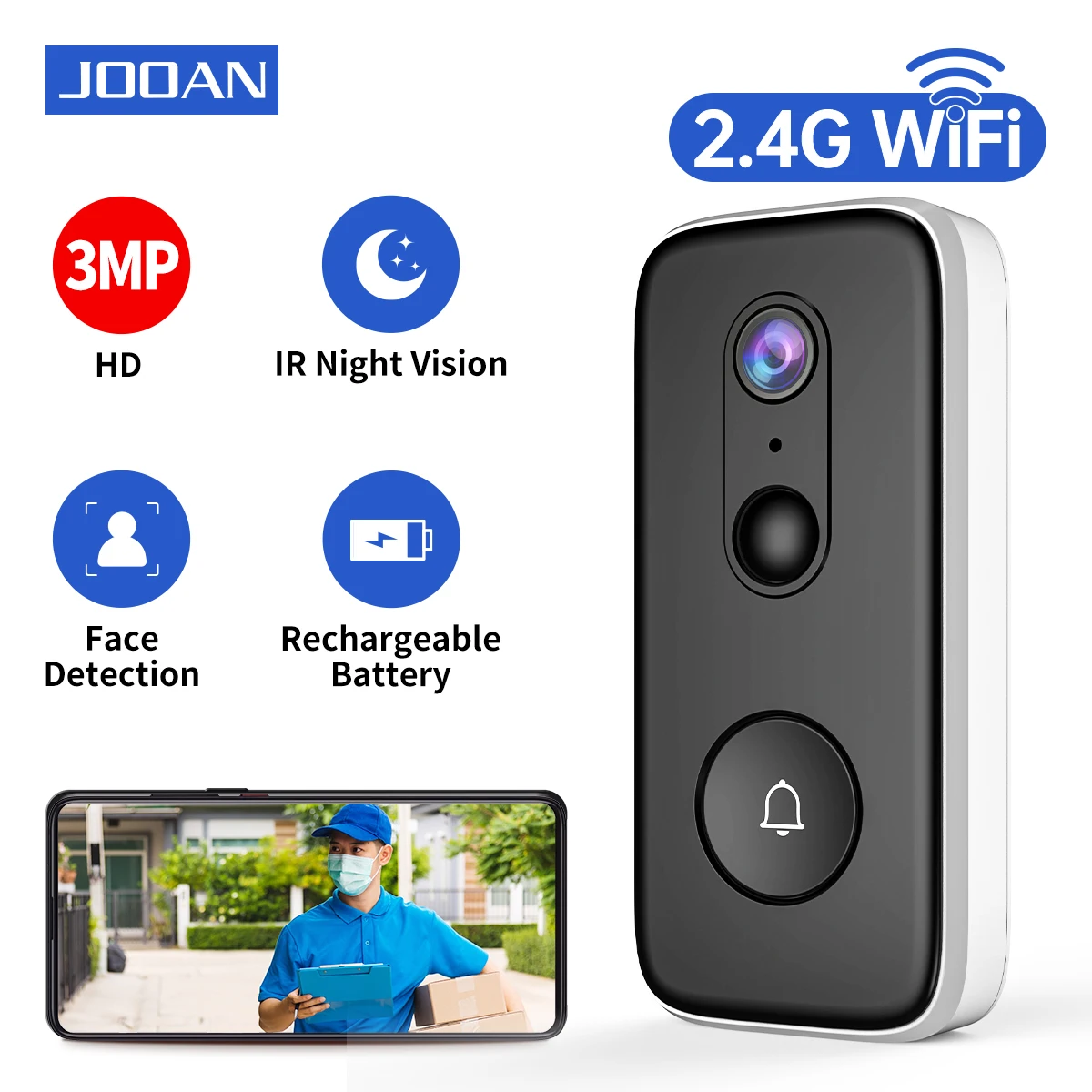 Jooan-カメラ付きドアベル,3mp, 2.4g, wifi,屋外,電話,自動検知,バッテリー,pirモーション検出器