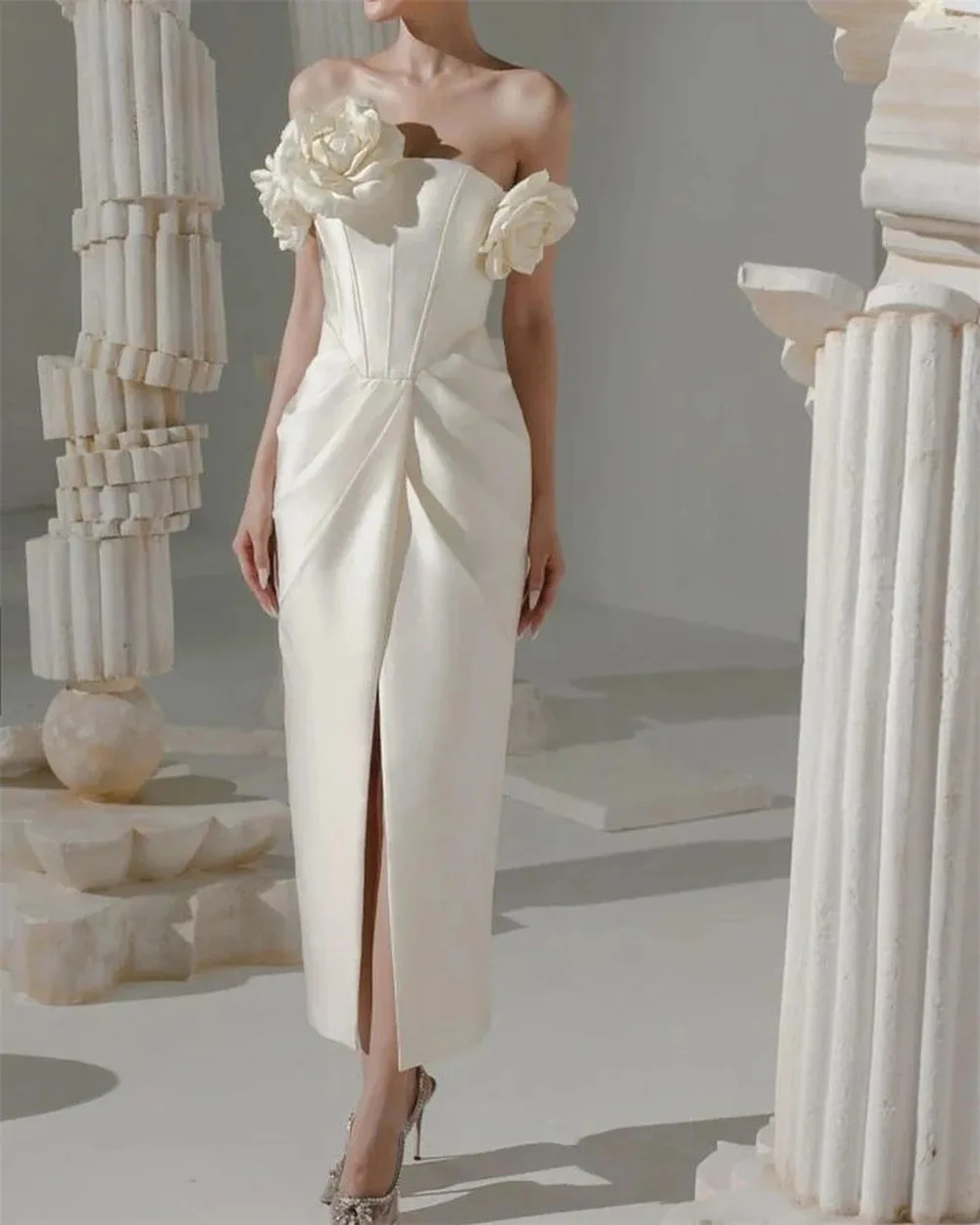 Vestido de fiesta personalizado فستانmaveraة Vestido de noche para ocasiones formales de satén con flores en 3D sin tirantes فستان islámicas chter