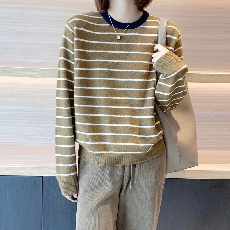 

Laid-ba Sle Омолаживающий круглый свитер Ne Camere Осень-зима Свободный длинный свитер в полоску Base irt Женская мода