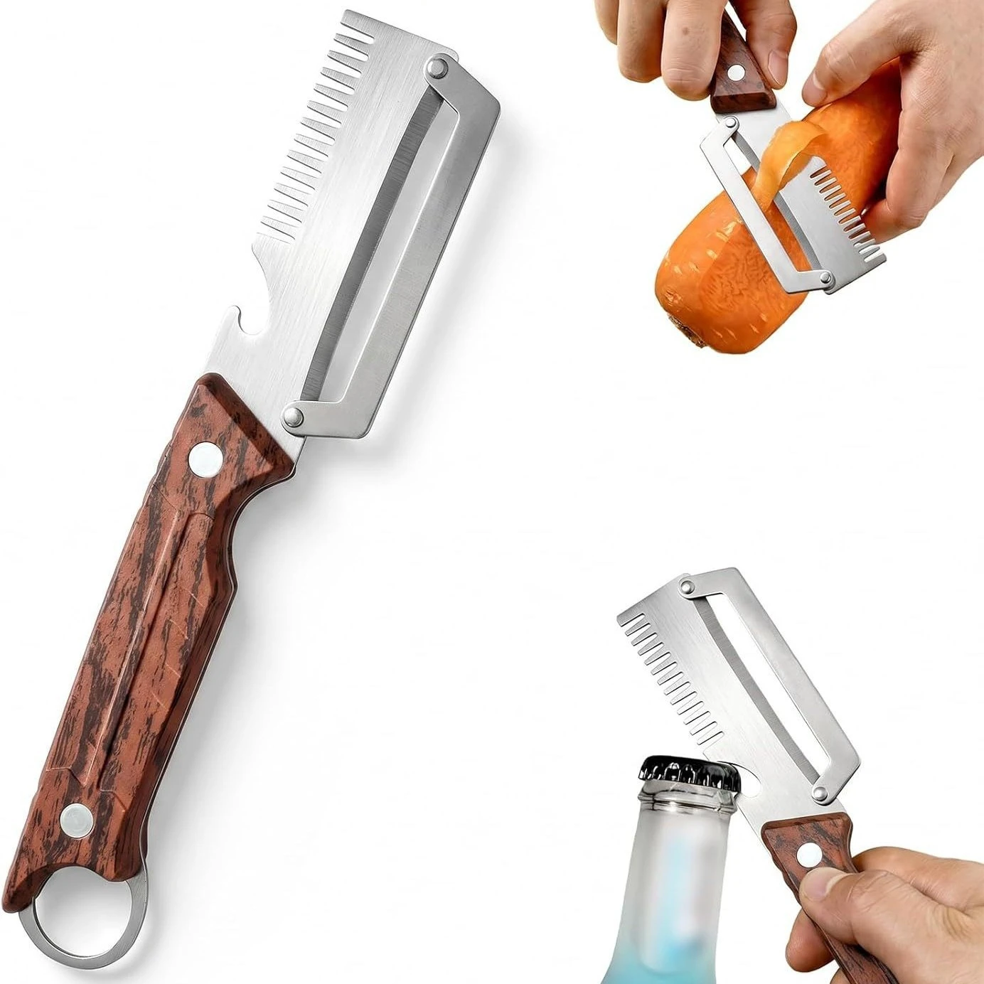 3-in-1 Stainless Steel Peeler Scallion Shredder with Bottle Opener Multi-Function Fruit Vegetable Potato Slicer Kitchen Gadget