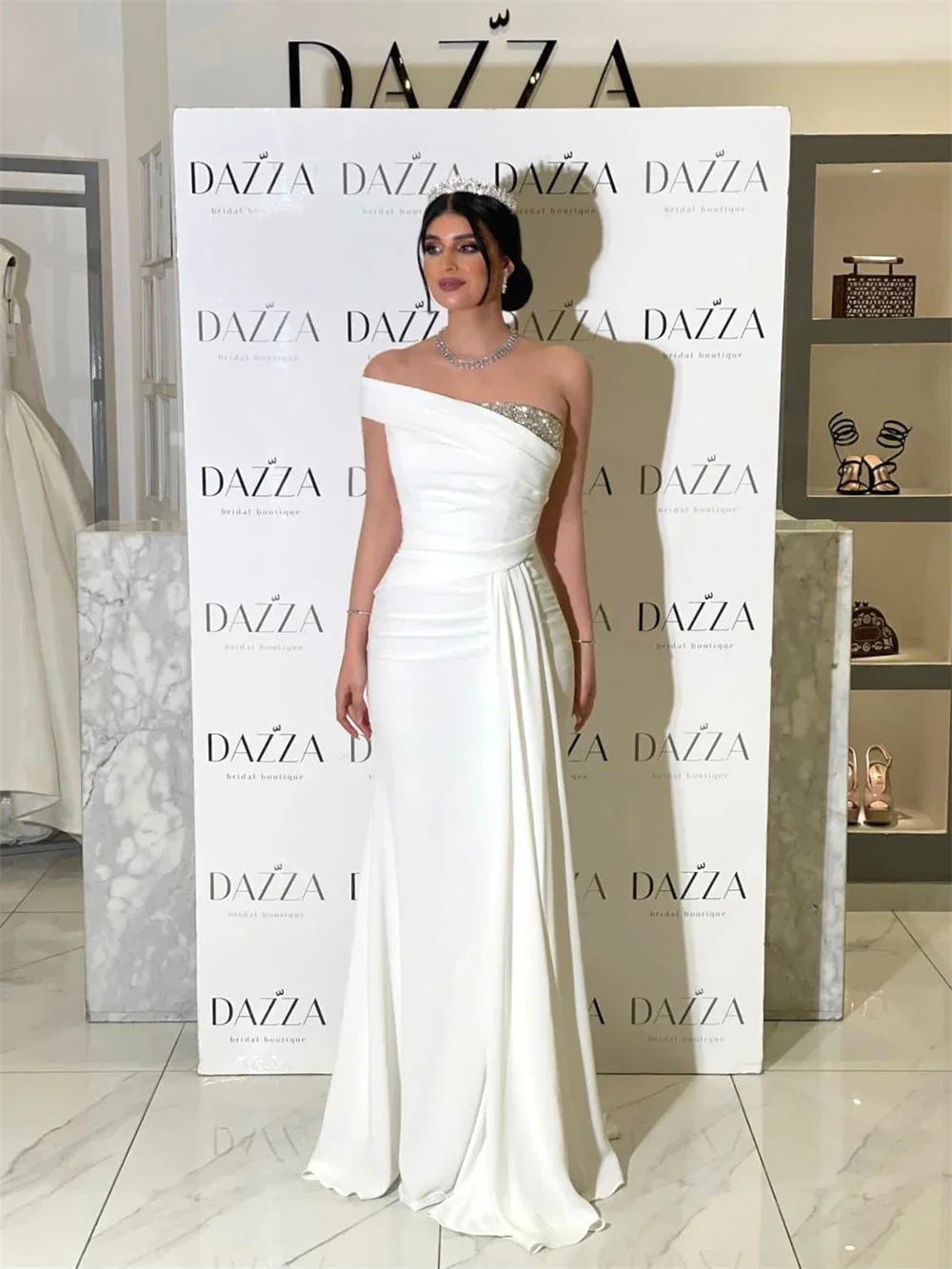 Meetlove – robe de bal longue au sol, avec perles noires, asymétrique épaule dénudée, plis, gaine en cristal Simple, personnalisée, brillante, pour mariage, 2025