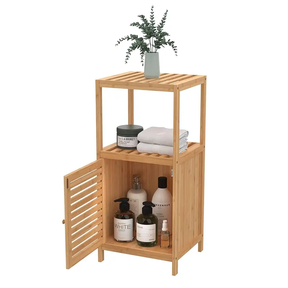 

Bamboo Storage Cabinet, Freestanding Floor Cabinet With Single Door, 3 Shelves, For Bathroom, Living Room, Slide Table, Natural