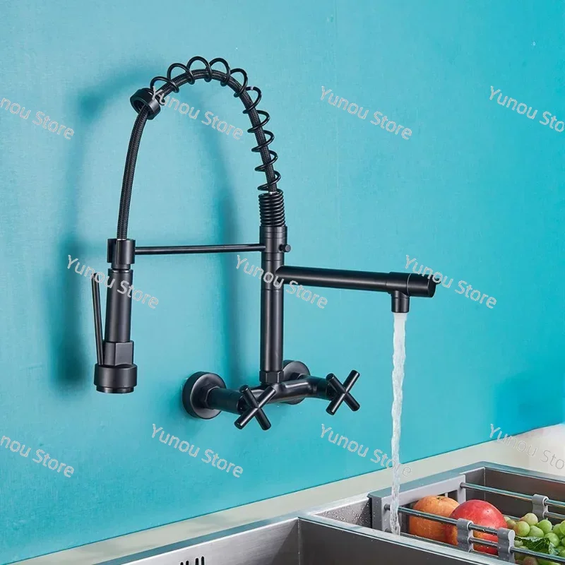 Kitchen Faucet with Dual Handle Cold and Hot Mixed Faucet Wall Mounted Rotating Nozzle Spring Pull-down Type