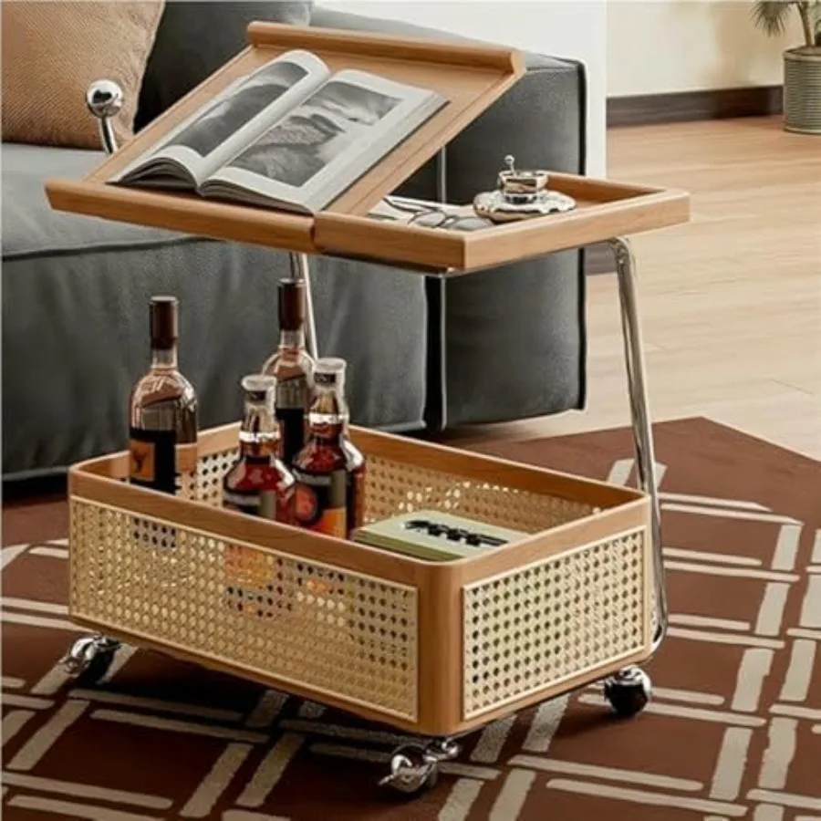 

Top C-Shaped Rolling Side Table with Rattan Storage Basket, Wood Mobile Coffee Table for Space-Saving Living Room Use