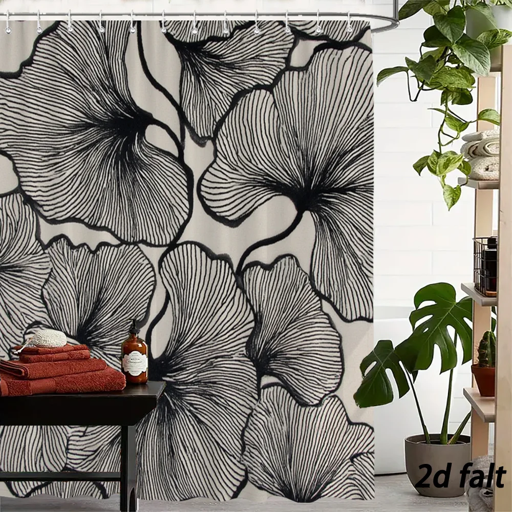 Large Tropical Floral Print Shower Curtain with Bold Black and White Line Art Design for Bathroom Decor