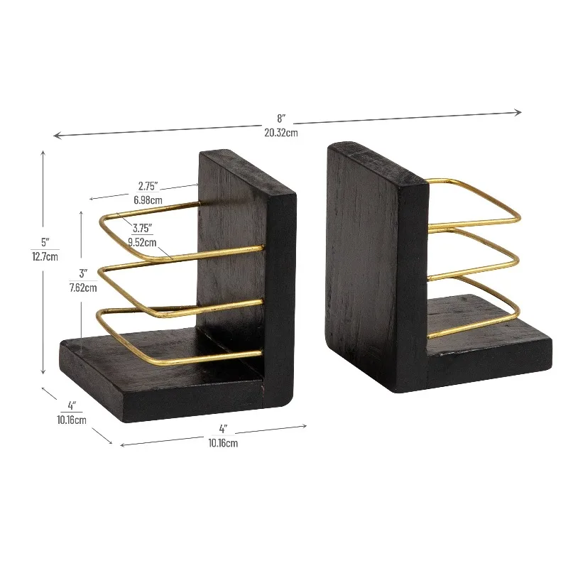 Decorative Basket Bookends, Office Decor with Storage, Wood and Metal, Set of 2, Black and Gold