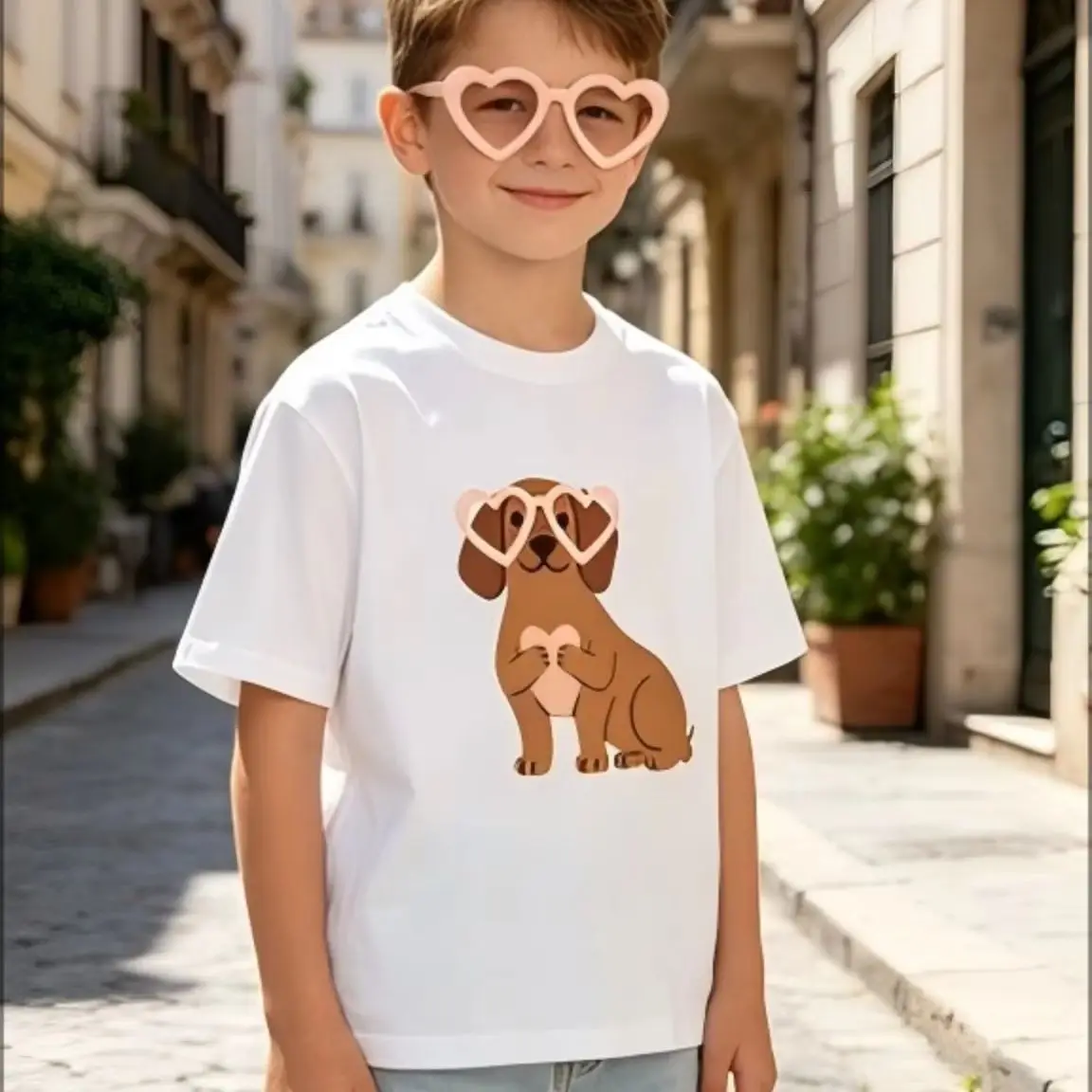 Cute Dachshund Dog Heart Sunglasses Graphic T‑Shirt, Lovely Pet Animal Print Casual Top, Fun Cartoon Unisex Tee, Daily Fashion