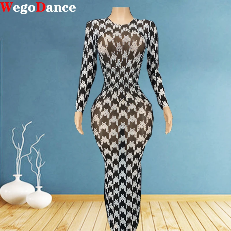 

New Fashion Women Houndstooth Floor Length Dresses Birthday Prom Singer Costume