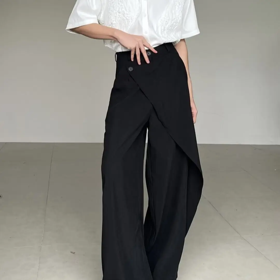 Vintage Niche Yamamoto Side Pleated Patchwork High Waist Large Size Wide Legs Solid Color Asymmetrical All-match Casual Mop Pant