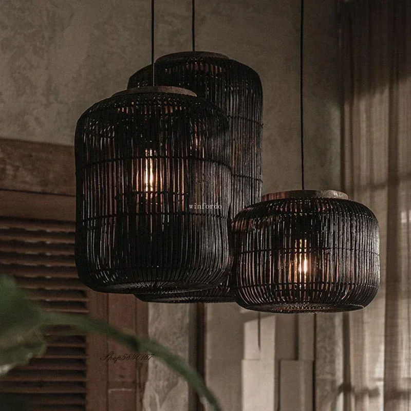 Lâmpada pingente de vime japonesa, Laternas vintage, Wabi-sabi, Luz suspensa para quarto, Ilha da cozinha, Sala de estar