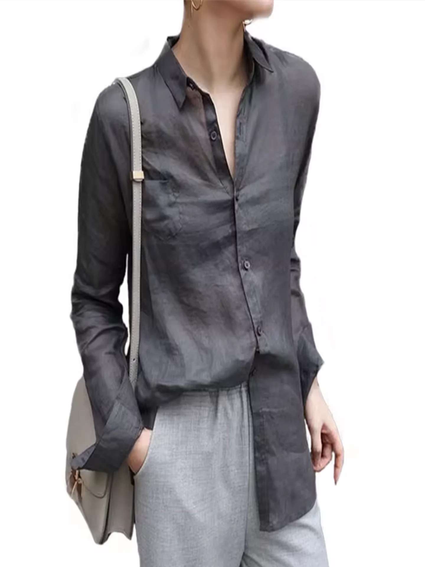 Dames longue Sve lin irt Protection UV col rabattu décontracté confortable respirant printemps Faion trajet Sle