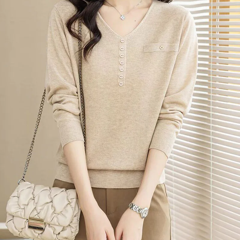 Autumn Vintage Elegant Solid V-neck Knitted Sweaters Women Clothing Fashion Loose Casual Pullovers