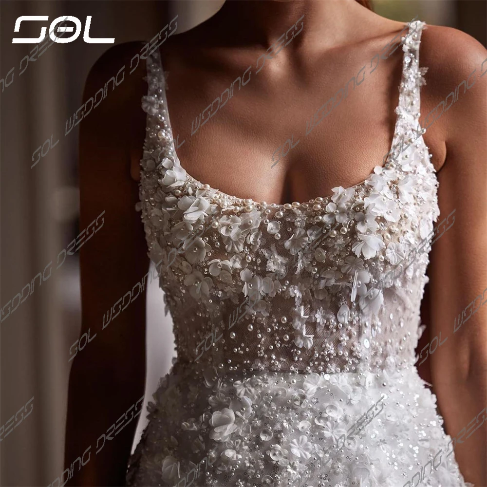 SOL Elegant 3D Lace Appliques Spaghetti Straps colletto quadrato abiti da sposa Sexy Backless a-line abiti da sposa Vestidos De Novia