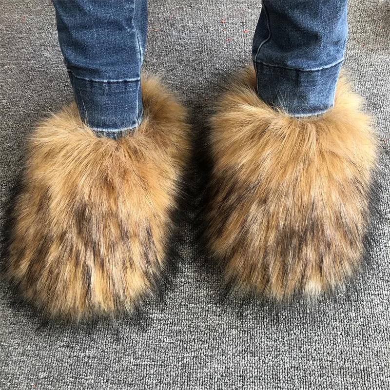 Europe and the United States new imitation raccoon hair slippers female autumn and winter home with velvet imitation fur plush c