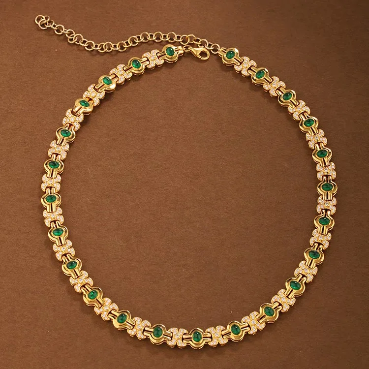 S925 Sterling Silber Halskette, Smaragd-Halskette, Vintage-Design, 18k Gold plattiert, grüner Diamant, Damen – Detail 1