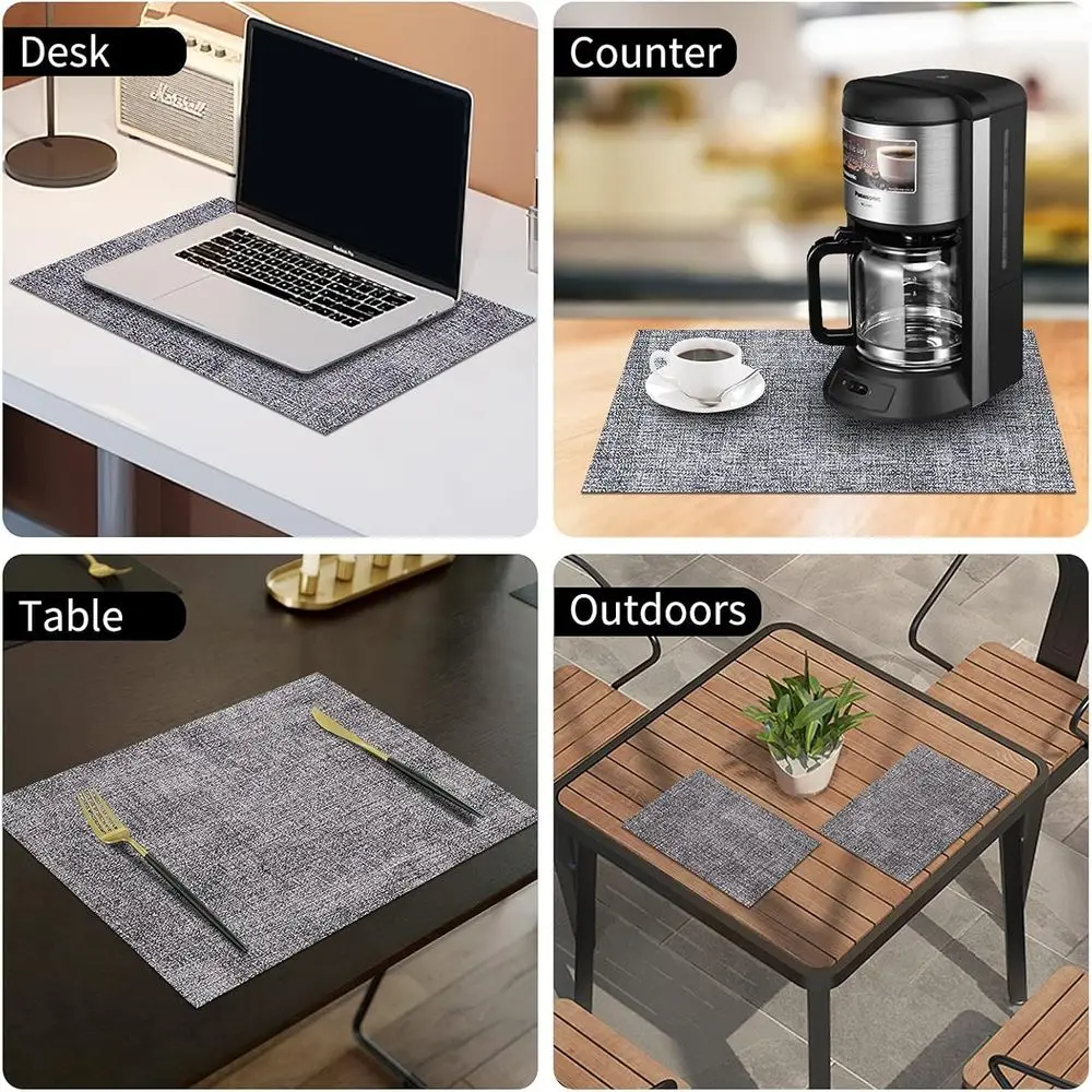 12-Pack Heat-Resistant PU Leather Placemats, Waterproof and Wipeable for Indoor/Outdoor Dining, Easy Clean, Smokey Grey