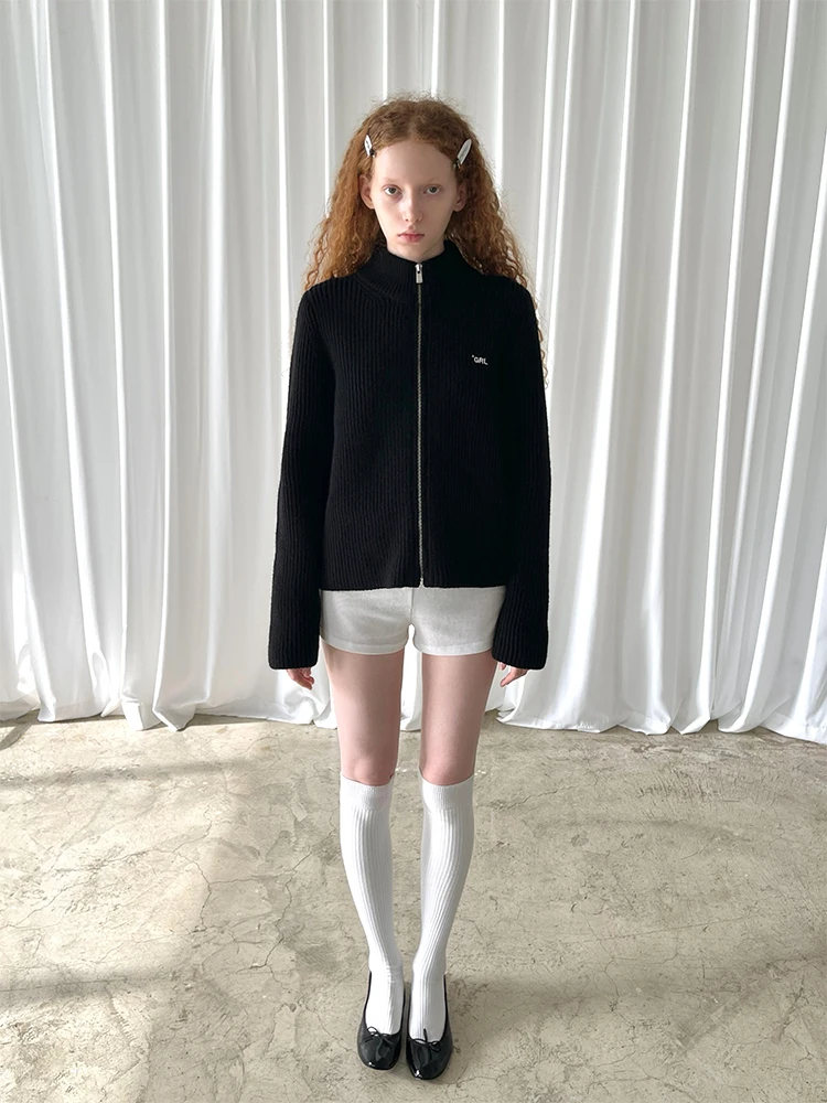 

Черный шерстяной полосатый открытый кардиган на молнии с высоким воротником для молодых женщин, вязаный длинный све, обычная длина