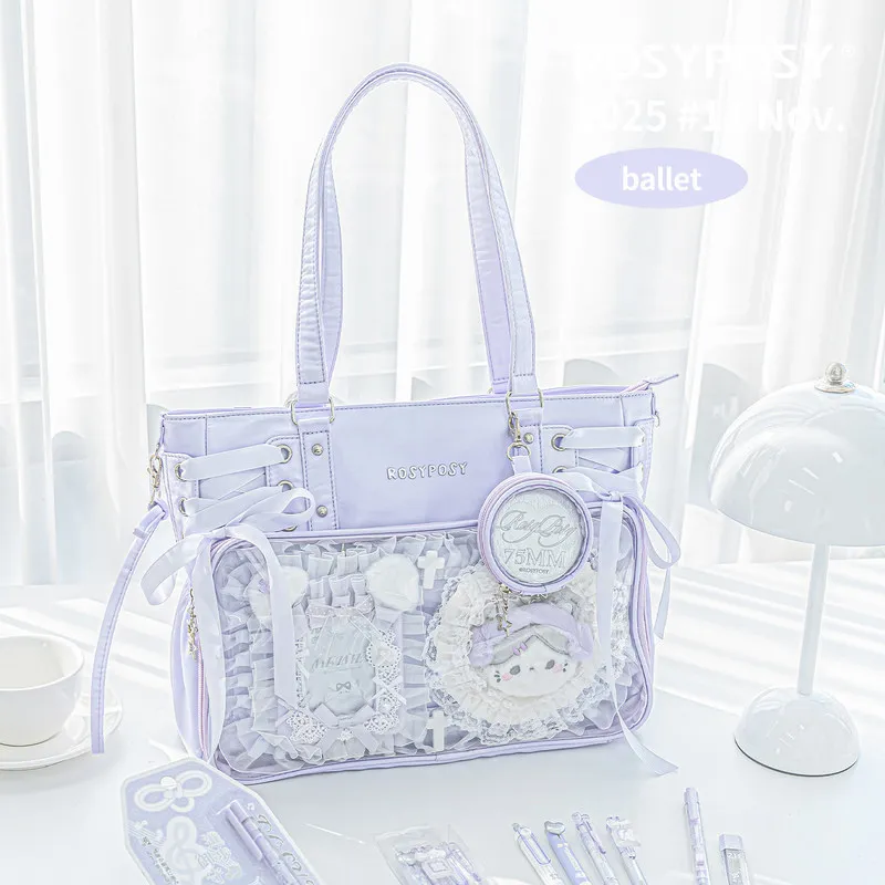 

ROSYPOSY Light Purple Ballet Ita Bag Lace Ribbon Single Shoulder Doll Display Tote For Lolita Girls Anime Figure Daily Commute