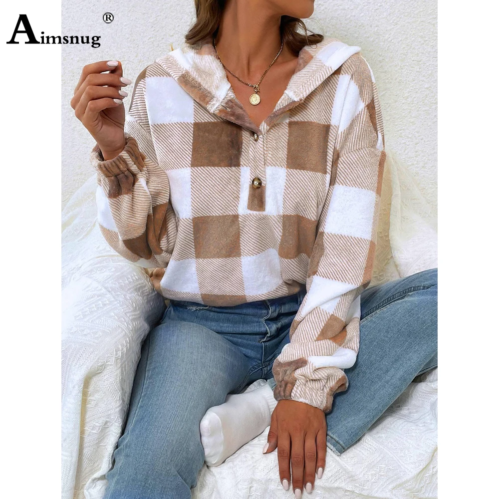 Aimsnug Ladies Fashion Leisure Model Plaid Sweatshirt 2023 New Autumn Casual Retro Top Streetwear Women's Loose Knitted Hoodies