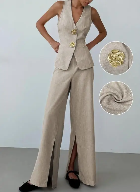 

Spring and summer temperament thin breathable women's V-neck sleeveless vest Western pants with slit wide leg pants set