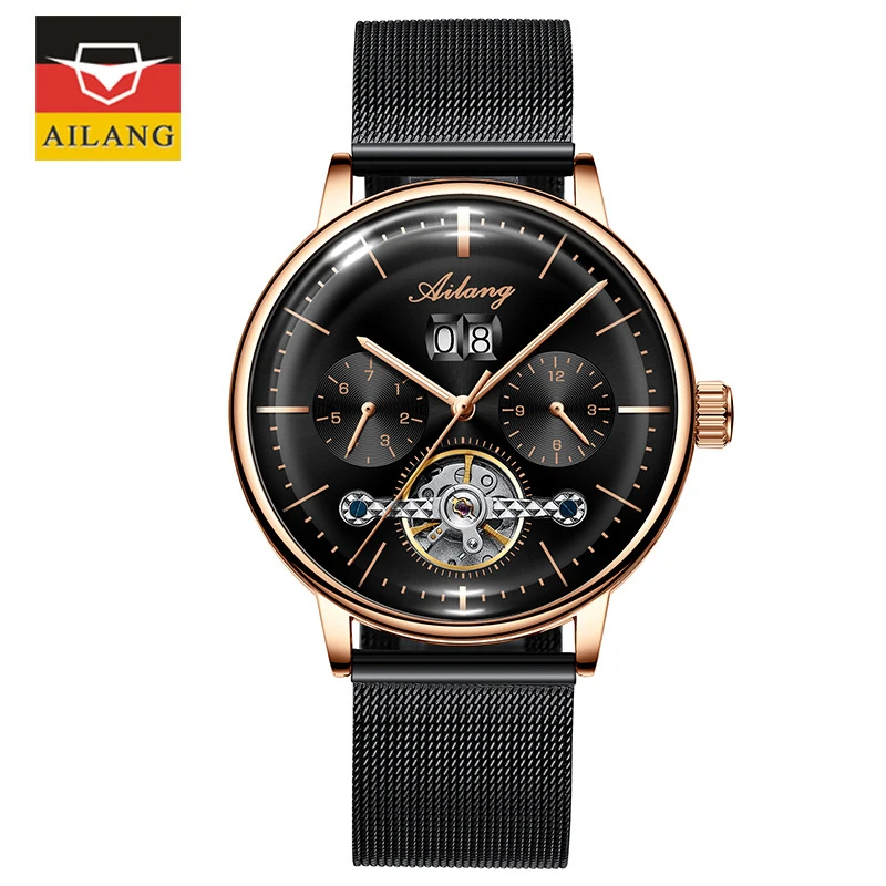 AILANG Men Skeleton Automatic Mechanical Watch Black Tourbillon Man Full Steel Watches Mens Self-Wind Watch Relogio Masculino