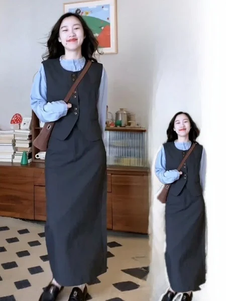 

plus Size Blue Korean Sle Salt And Pepper Spring Vest irt Skirt Tee Piece Set for Plump Women High Waist Button up