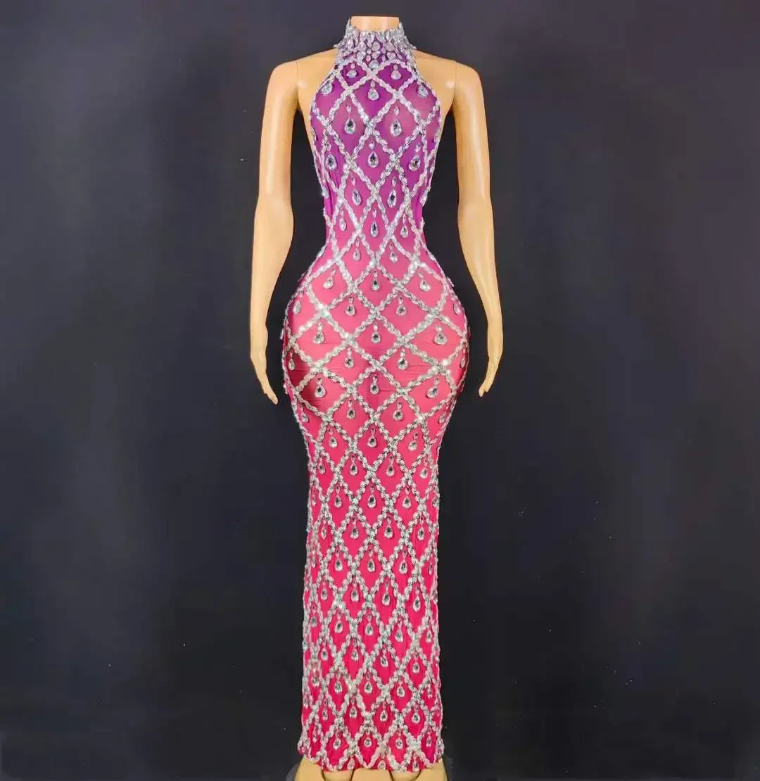 Kryształowa Sukienka Damska Seksowna Urodzinowa Występ Sceniczny Świętowanie Strój Drag Queen